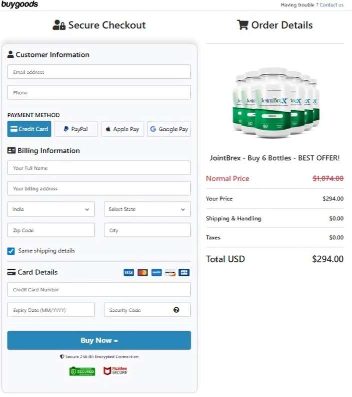 JointBrex Secure Order Page — Checkout